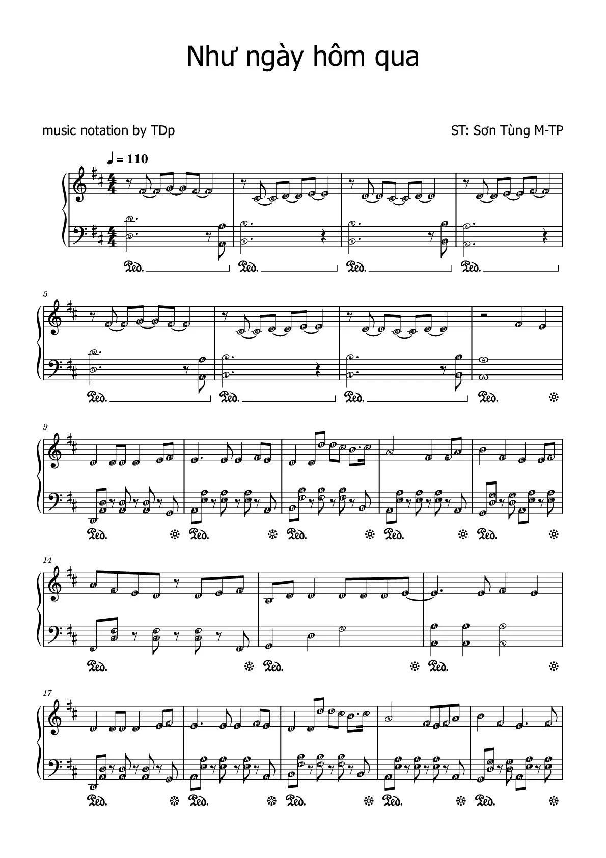 Sheet Nhạc Như Ngày Hôm Qua